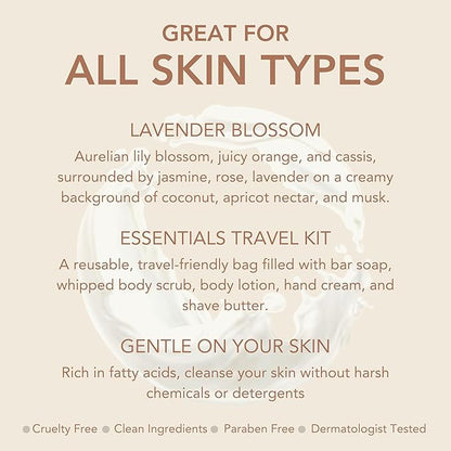 Dionis Goat Milk Lavender Blossom 6 Pc Self-Care Travel Set + 8oz Whipped Body Scrub – Hydrating Exfoliation & Moisture Kit for Smooth, Soft Skin – Cruelty-Free, Paraben-Free, Made in the USA