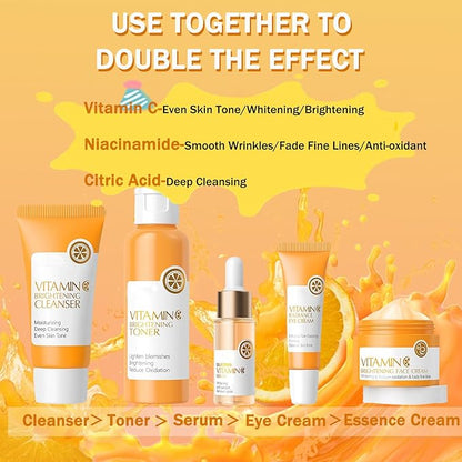 Vitamin C Skincare Set, 5Pcs Skin Care Sets for Women, Facial Kit, Vitamin C Face Skin Care Kit With Cleanser, Toner, Face Serum, Eye Cream, Cream, Long-Lasting Moisturizing Skincare Set