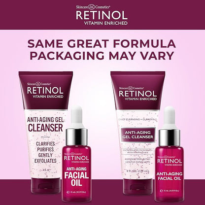 Retinol Anti-Aging Facial Oil – With Nine Essential Oils, Restores Hydration and Nourishment Anti-Aging Gel Cleanser - Gently Cleans Impurities From Pores & Exfoliates for Soft, Smooth Skin