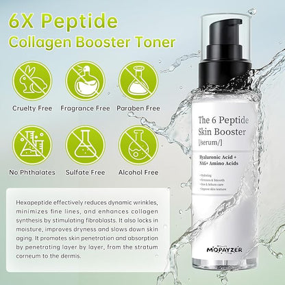6X Peptide Skin Booster Toner Set, Peptide Boosting Facial Essence for Women, 1 Pcs Repairing Serum with Niacinamide & Hyaluronic Acid, Reduces Fine Lines & Wrinkles, Soothes Skin, Korean Skin Care