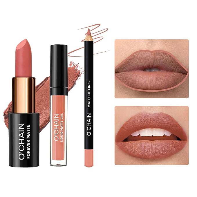 Matte Lipstick & Matte Liquid Lipstick & Lip Liner Makeup Set, All in One Lips Makeup Kits Long-Lasting Wear Non-Stick Cup Not Fade Waterproof Lip Make Up Gift Set (03)