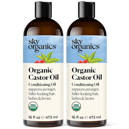 Sky Organics - Castor Oil Organic - Volumizing Hair Oil - Scalp, Lashes, Brows - Pure Castor Oil Cold Pressed - Natural Conditioner - Omega Fatty Acids, Vegan - Beauty, Hair,16oz, 2 Pack w Ebook
