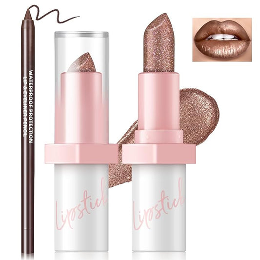 Metallic Dark Brown Lipstick Liner Set, Long Lasting Shiny Glitter Diamond Plump Lipstick Combos, Full Coverage High Impact Lip Color, Non Stick Cup Lightweight Lip Makeup for Women#8