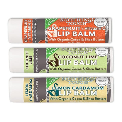 Vegan Lip Balm Set - Variety Pack of 3 Soothing Touch Lip Balms. Large 0.25 oz size. Includes Bonus Muslin Pouch (3 x 4 in) Unique Gift Bundle from Tiny Seed (Lemon Cardamom, Coconut Lime, Grapefruit)