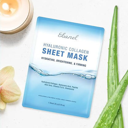 Ebanel 20 Pack Collagen Peptide Hydrating Face Masks, Instant Brightening Firming Anti Aging Face Sheet Masks, Moisturizing Spa Facial Mask Skincare with Hyaluronic Acid, Vitamin C, Chamomile, Aloe