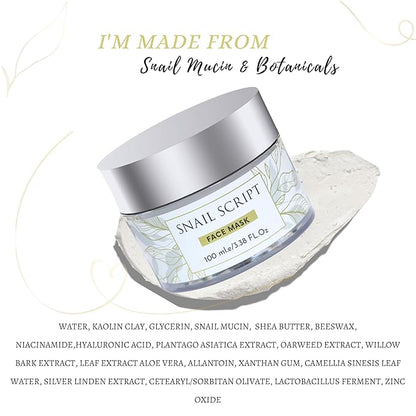 Snail script snail mucin mask, Korean snail face mask mucin snail serum therapy clay based wildcraft botanical anti aging snail mucin face mask, collagen repair, pore cleansing exfoliate clay mask