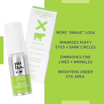 No Bad Stuff - Caffeine Eye Cream with Pure Hyaluronic Acid & Plant Based Squalane Oil, Under Eye Cream for Dark Circles & Puffiness, Gluten Free, Vegan, Travel Size, 0.5 FL Oz