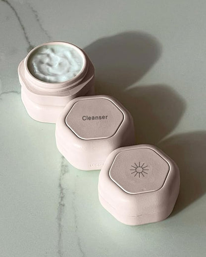 Cadence Travel Containers - Basic Skincare Set - Magnetic Travel Capsules - For Facial Cleanser, Moisturizer, Sunscreen - 3 Small Capsules (0.56oz) with Cleanser, Moisturizer & Sun-Icon Labels - Petal