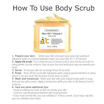 Olive Oil + Vitamin C Body Scrub 10 oz - A long lasting hydration while improving its texture - The best stocking stuffer