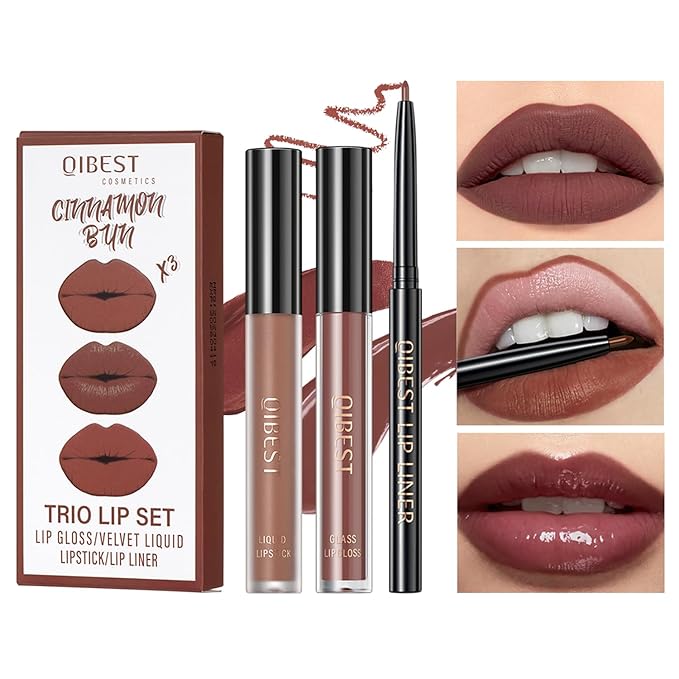 3 In 1 Liquid Lipstick Makeup Set, Non-stick Cup Matte Liquid Lipstick For Woman, Moisturizing Lip Gloss And Lip Liner, Long Lasting Lipstick 24H,Waterproof Velvet Liquid Lipstick Kit (03# Temperament Brown)
