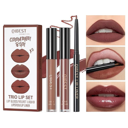 3 In 1 Liquid Lipstick Makeup Set, Non-stick Cup Matte Liquid Lipstick For Woman, Moisturizing Lip Gloss And Lip Liner, Long Lasting Lipstick 24H,Waterproof Velvet Liquid Lipstick Kit (03# Temperament Brown)