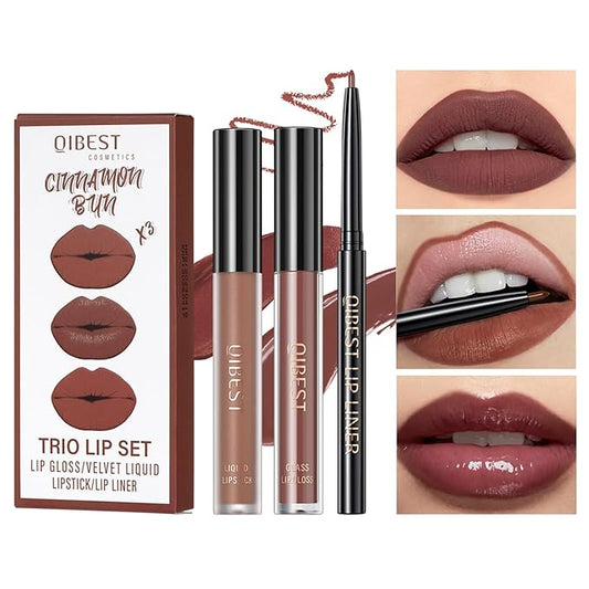 3 In 1 Liquid Lipstick Makeup Set, Non-stick Cup Matte Liquid Lipstick For Woman, Moisturizing Lip Gloss And Lip Liner, Long Lasting Lipstick 24H,Waterproof Velvet Liquid Lipstick Kit (03# Temperament Brown)