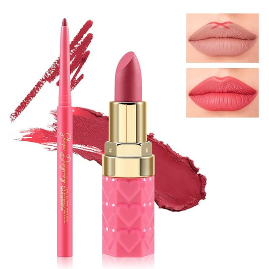 Boobeen Lip Color Set, 2Pcs Lip Liner and Matte Lipstick, Long-lasting, Highly Pigmented, Velvet Finish, Full Coverage, All Skin Tones, Women's Makeup Gift Set