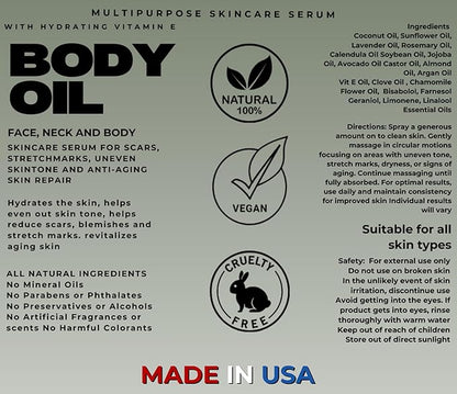 BODY OIL -Moisturizing Face, Neck and Body Skincare Serum for Scars, Stretchmarks, Uneven Skin Tone and Anti-Aging Skin Repair. All Natural 4oz Spray