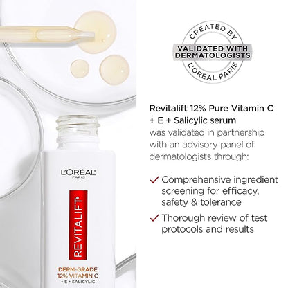 L'Oreal Paris Revitalift 12% Pure Vitamin C Serum, Vitamin E, Salicylic Acid, Brightening 1 oz + Moisturizer Sample