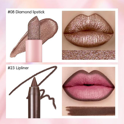 Metallic Dark Brown Lipstick Liner Set, Long Lasting Shiny Glitter Diamond Plump Lipstick Combos, Full Coverage High Impact Lip Color, Non Stick Cup Lightweight Lip Makeup for Women#8