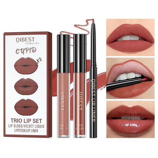 3 In 1 Liquid Lipstick Makeup Set, Non-stick Cup Matte Liquid Lipstick For Woman, Moisturizing Lip Gloss And Lip Liner, Long Lasting, Waterproof and Velvet Liquid Lipstick Kit (02# Loving Orange)