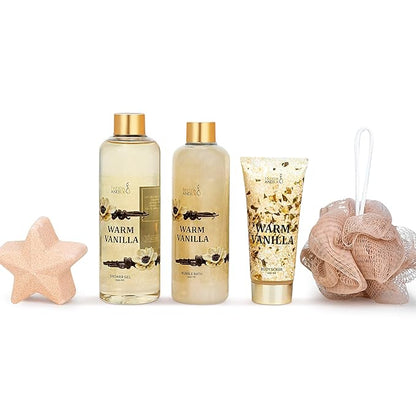 Freida & Joe Fragrance Bath & Body Collection Gift Box, Includes Shower Gel, Body Lotion, Body Scrub, Bath Bomb & Sponge (Warm Vanilla)