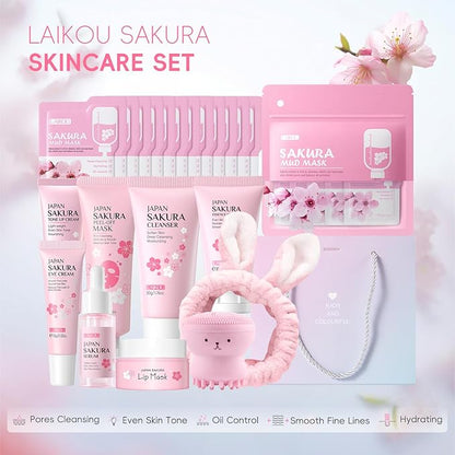 Sakura Skincare Set for Teen Girls, Complete 34PCS Face Care Kit, Christmas Pamper Gift Set for Women & Teenage Girls, Hydrating & Nourishing Travel-Friendly Daily Facial Skincare Routine