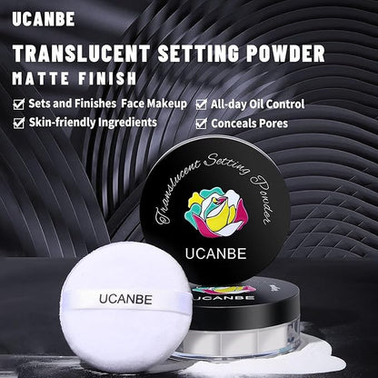 UCANBEMAKUP Long Lasting Makeup Setting Spray Kit- 6.76 Fl oz Hydrating Matte Finish Mist Lightweight Face Make up Fixer +Translucent Loose Setting Powder+2PC Sponge Puff Set