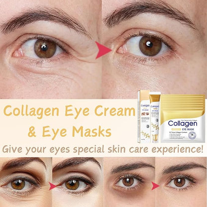 Collagen Eye Cream Anti Aging & 7PCS Eye Masks - eye Cream for Puffiness and Bags Under Eyes - Under eye cream for Da-rk Cir-cl-es - Nourishing & Firming Eye Mask - Eye Bags Treatment for Women