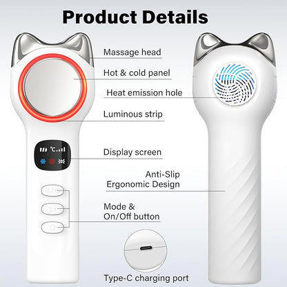 Cool and Hot Facial Firming Device, Light Face Tool with Vibration, Facial Massager with 8-21°C Cold, 38-47°C Hot, Electric Skin Care Kit