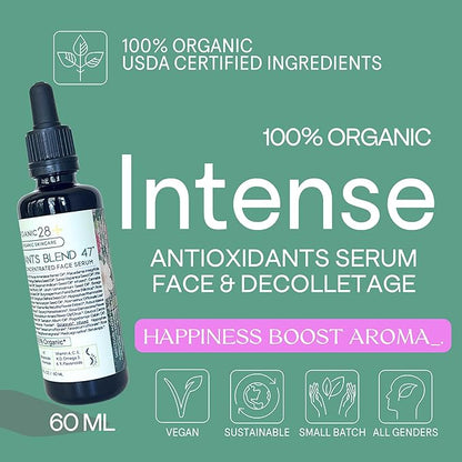 Organic28. 100% Organic Antioxidant Serum – USA Made. 47 Botanicals. Concentrated Rejuvenating Serum For Face & Décolletage. Rich Vitamins Organic Moisturizer. Aromatherapy: Bulgarian Rose.2 Fl. Oz
