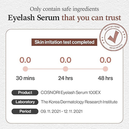 COSNORI Eyelash Serum 100 EX - Intensive Eyelash Care Serum – Slim Brush Type Hydration Booster– Irritation Free - Peptides, Silk Extract, Hyaluronic Acid, 0.2 fl.oz