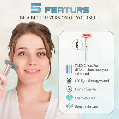 Led-Face-Wand，7 in 1 LED Light Therapy Facial Red & Blue Rejuvenation Tool