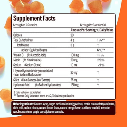 Hydrating Hyaluronic Highlighter Skincare Gummies | Supports Brighter, Dewy, Plump Skin | Vegan Hyaluronic Acid & Vitamin C Supplement | Non-GMO, Gelatin-Free, Orange Flavor, 60-Day Supply