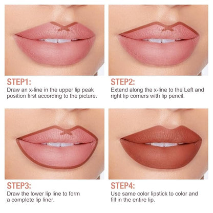 Boobeen 2Pcs Lip Liner and Lipstick Makeup Set, Lip Crayon Pencil Velvety Nude Lipliner Lip Gloss Make Up Gift Sets for Women, Ultra-Long-Lasting Matte but Not Dry
