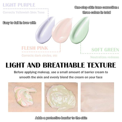 2 Pack One Step Color Corrector,Color Correcting Foundation Facial Serum,Moisturizing Concealer Tri-Color Correcting Isolation Cream Face Makeup Primer Base