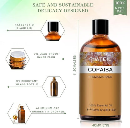 Copaiba 3.38fl.oz Essential Oil, PHATOIL Pure Aromatherapy Oils for Diffuser, Humidifier, Perfect for DIY Soap, Candle, Bath Bombs Making(100ml)