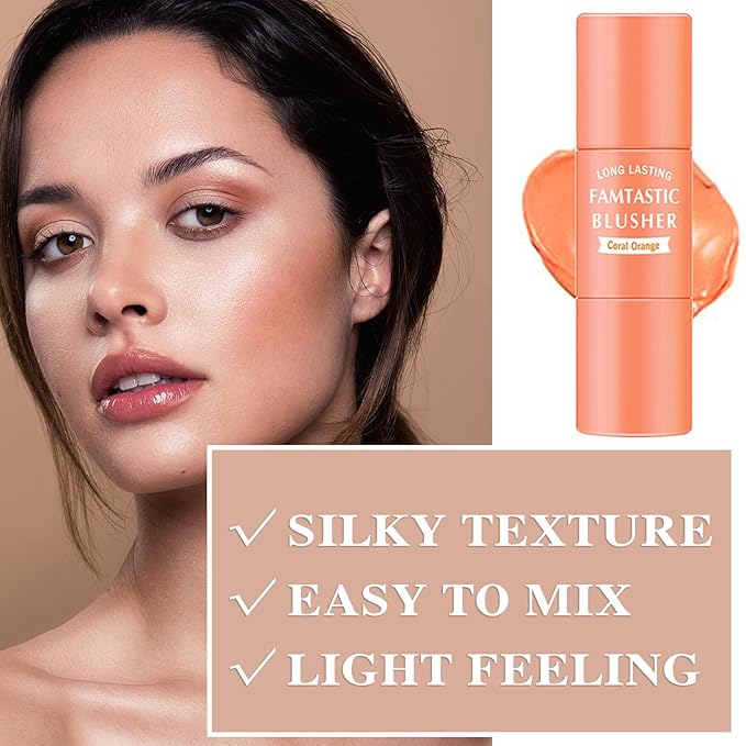 Cream Blush Stick with Brush,Waterproof Multi Cream Blush Coral Orange)