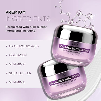 Azure Cosmetics Dermatologist Tested Collagen & Hyaluronic Acid Day & Night Face Moisturizer - K Beauty Anti-Aging Cream for Wrinkle Repair & Deep Hydration Cream - Korean Skincare - All Skin Type