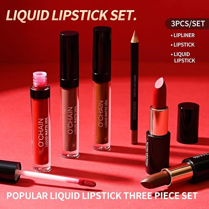 Matte Lipstick & Matte Liquid Lipstick & Lip Liner Makeup Set, All in One Lips Makeup Kits Long-Lasting Wear Non-Stick Cup Not Fade Waterproof Lip Make Up Gift Set (04)