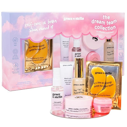 grace & stella Award Mothers Day Gifts for Friends, Gifts for Her - Travel Essentials for Moms with Under Eye Masks, Serum, Cleanser, Lip Balm - Perfect for Anniversary, Birthdays - Vegan Self Care