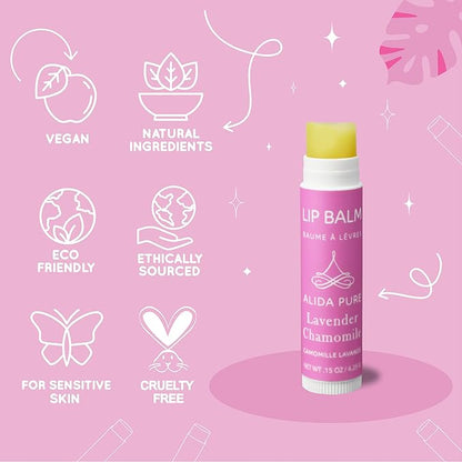 Lavender Chamomile Lip Balm Collection, Vegan Lip Balm Set, Beeswax Free, with Avocado Oil, Organic Jojoba Oil, and Vitamin E, Natural Moisturizer for Dry, Chapped Lips, 3 Tube Set