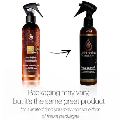 Gold Series Leave-In Hair Mask – Argan Oil Hair Mask Enriched with Keratin – Nourishing and Gently Detangling Leave In Conditioner Spray For Curly Frizzy or Damaged Hair, 8.4 Fl.oz