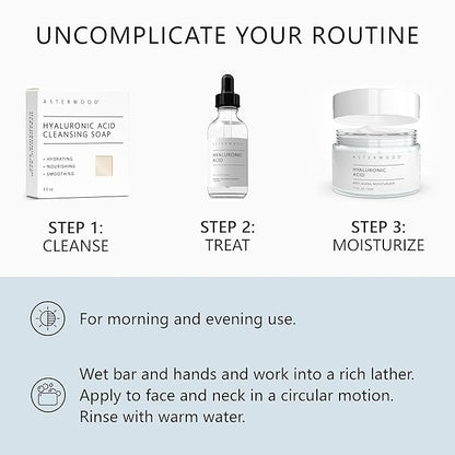 Asterwood Hyaluronic Acid Serum 2 oz, Hyaluronic Acid Moisturizer 1.7 oz, & Hyaluronic Acid Face Bar 3.5 oz