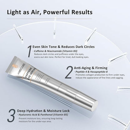Caffeine Eye Cream for Dark Circles, Puffiness & Puffy Bags - Under Eye Serum with Caffeine, Niacinamide, Hyaluronic Acid, Vitamin E & Peptides, 0.7 Fl Oz (Pack of 1)