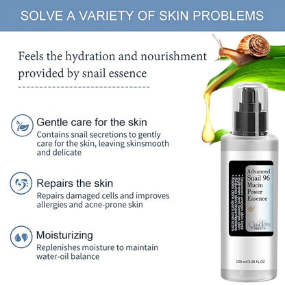 Snail Mucin 96% Power Repairing Essence | Hydrating Serum for Face with Snail Secretion Filtrate and Hyaluronic Acid | Barrier-Loving Formula