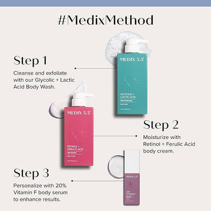 Medix 5.5 Anti Aging Skin Care 3PC Set, Retinol Body Cream + Exfoliating AHA Glycolic Acid Foaming Face & Body Wash + Vitamin F Booster Serum, Wash + Treat + Hydrate Skincare Set