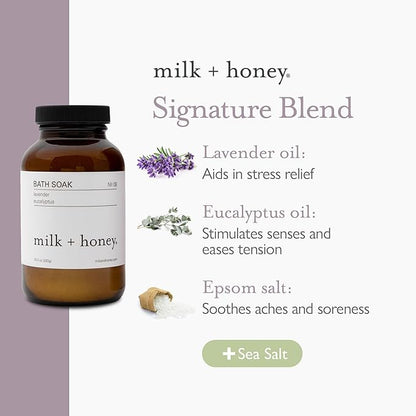 milk + honey Calming Bath Soak No. 8, Moisturizing Epsom Salt Bath Soak with Lavender and Eucalyptus Oils, Soothing and Relaxing, 10 oz