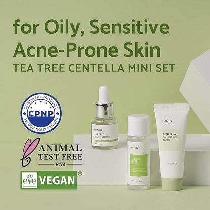 iUNIK Centella Mini Set, Travel Friendly Skincare Set, Ultra calming and hydrating for sensitive skin: Tea Tree Relief Toner,Serum, Centella Calming Gel with Serum