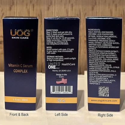 UOG Super Vitamin C Face Serum - Anti-Aging, Hydrating & Firming Formula, Lifts & Firms Face, Neck, Jawline, Reduces Dark Spots, Age Spots, Fine Lines, Wrinkles, Even Skin Tone.1 Fl Oz - Pack of 3