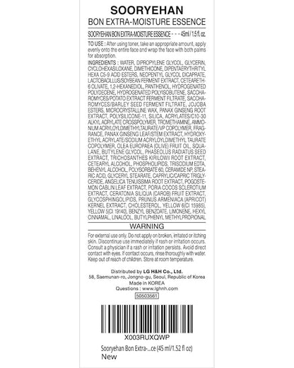 Sooryehan BON Extra-Moisture Essence (1.5fl oz) - Highly Moisturizing Essence to Rejuvenate Dull and Dehydrated Skin by LG Beauty. Ginseng, Ginsenocide, Amino Acids.