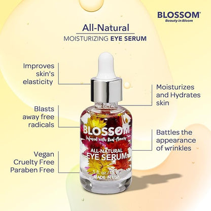 Blossom All Natural Eye Serum with Essential Oils, Organic Cruelty Free Moisturizing, Infused with Real Flowers, Made in USA, 0.5 fl. oz., Summer Breeze