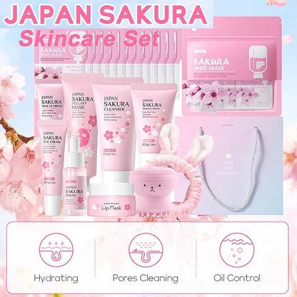 Sakura Skincare Set for Teen Girls 10-12,Skin Care Sets & Kits,33PCS Teenage Girls Gifts,Complete Pamper Face Care Sets for Women,Daily Facial Skincare Routine (One Size, Cherry Blossom-StyleD)