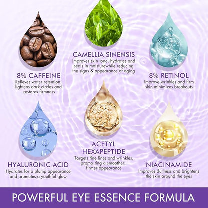 2 Packs Eye Serum for Dark Circles and Puffiness with 8% Caffeine 8% Retinol Hyaluronic Acid Niacinamide, Under Eye Cream Anti Aging for Puffiness and Bags with 360° Eye Roller Ball for Women & Men